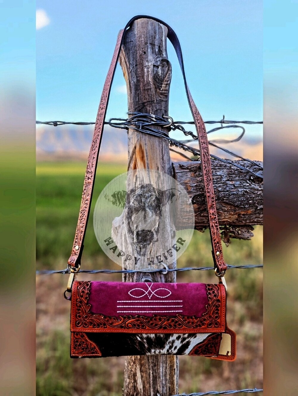Purple Boot-Stitch and Leather Cowhide Wallet/Crossbody